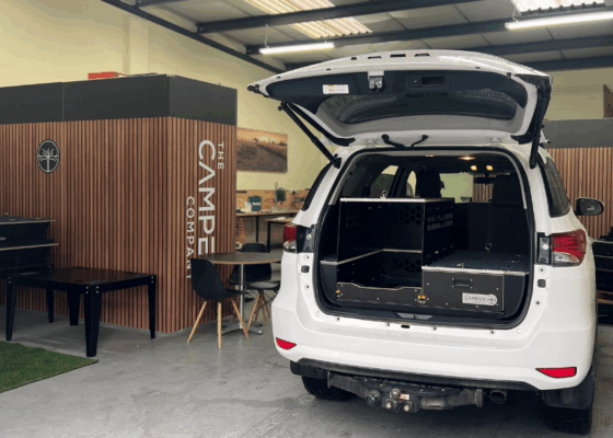 Fortuner MIDI drawer system with fridge slider and compact utility drawer installed in Toyota Fortuner